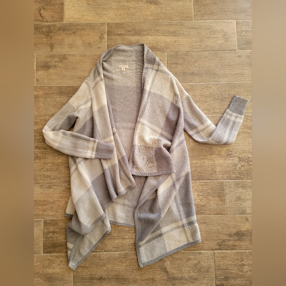 Plaid Open Front Cardigan Sweater - Gray